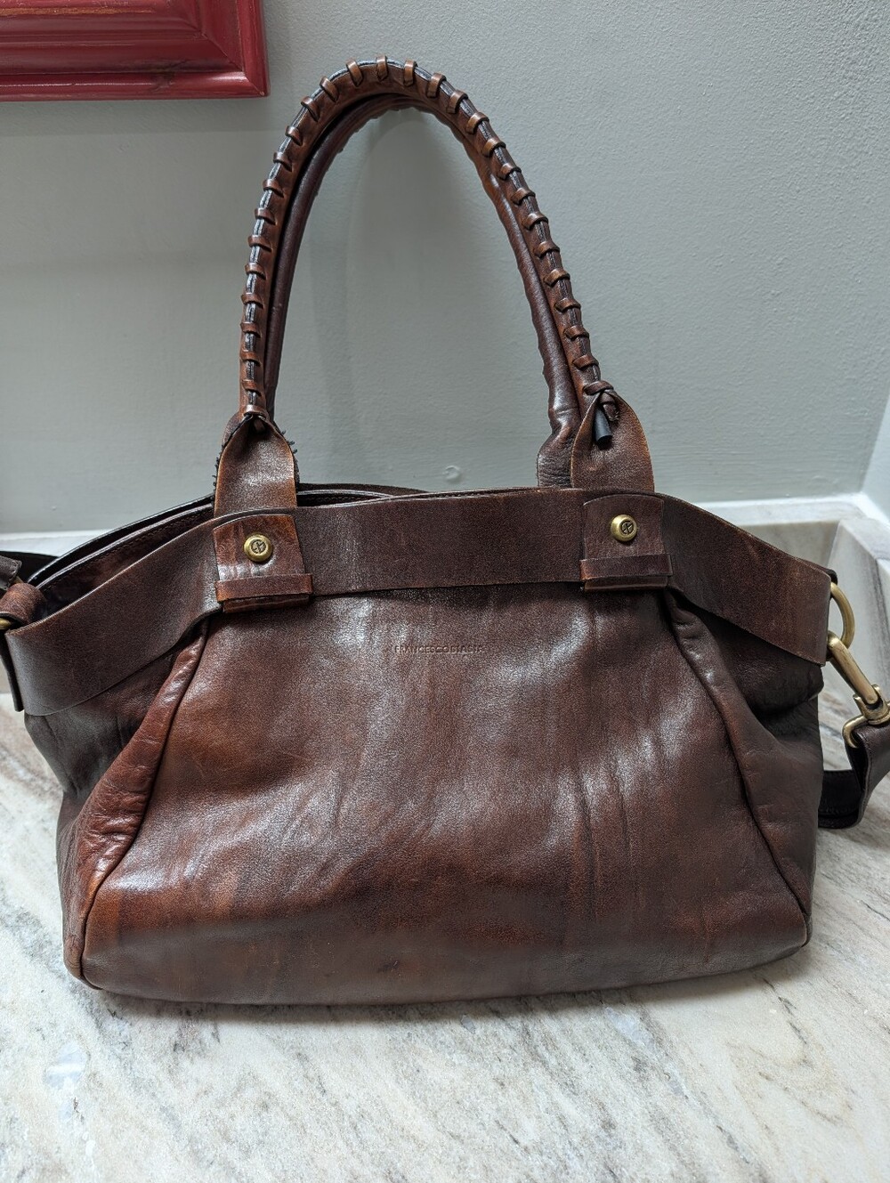 Francesco Biasia Distressed Brown Leather Shoulder Bag with Brass Ring Detail - Picture 2 of 16
